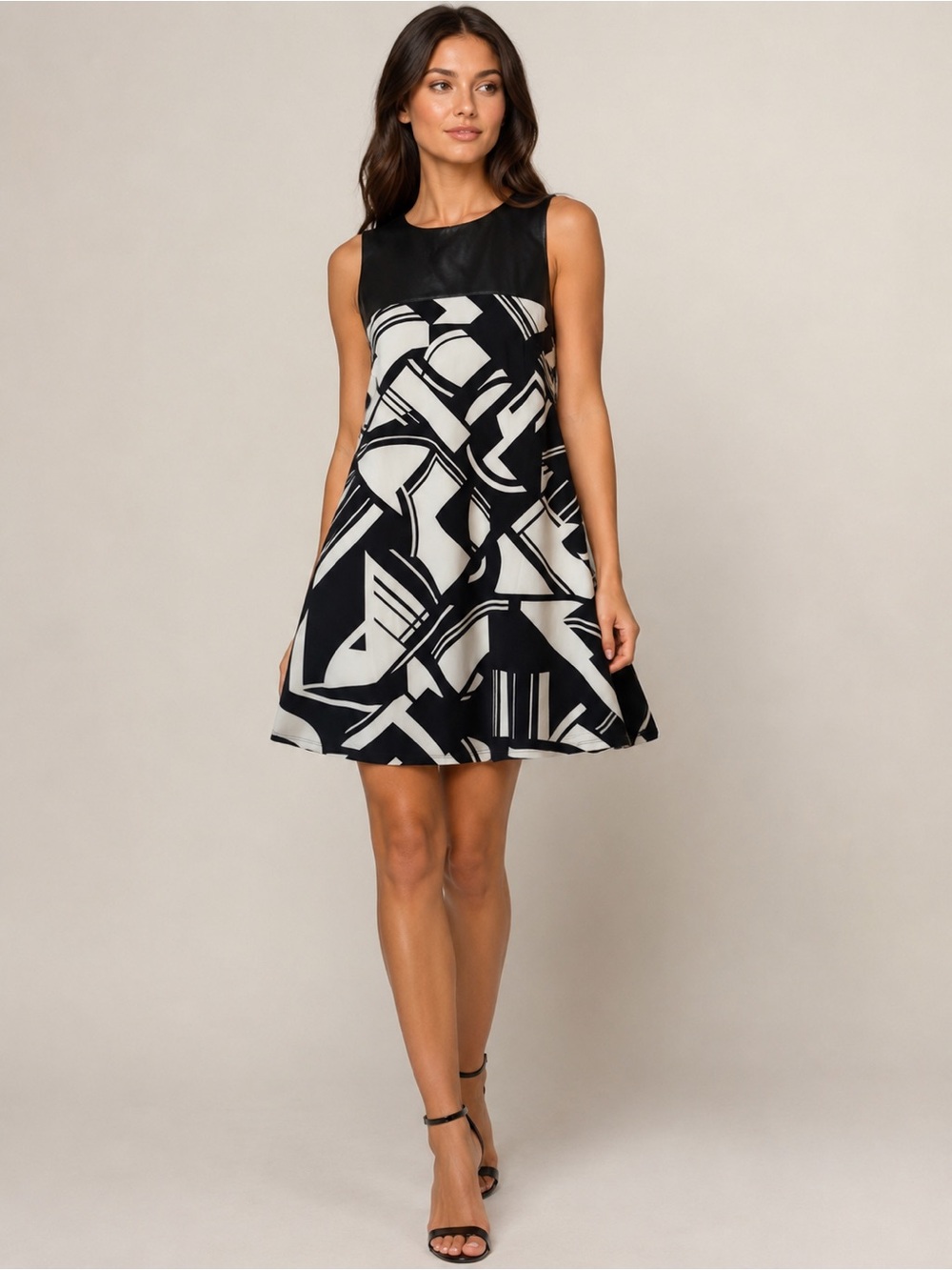 Ralph Lauren Abstract Print Faux Leather Yoke Sleeveless Stretch Dress